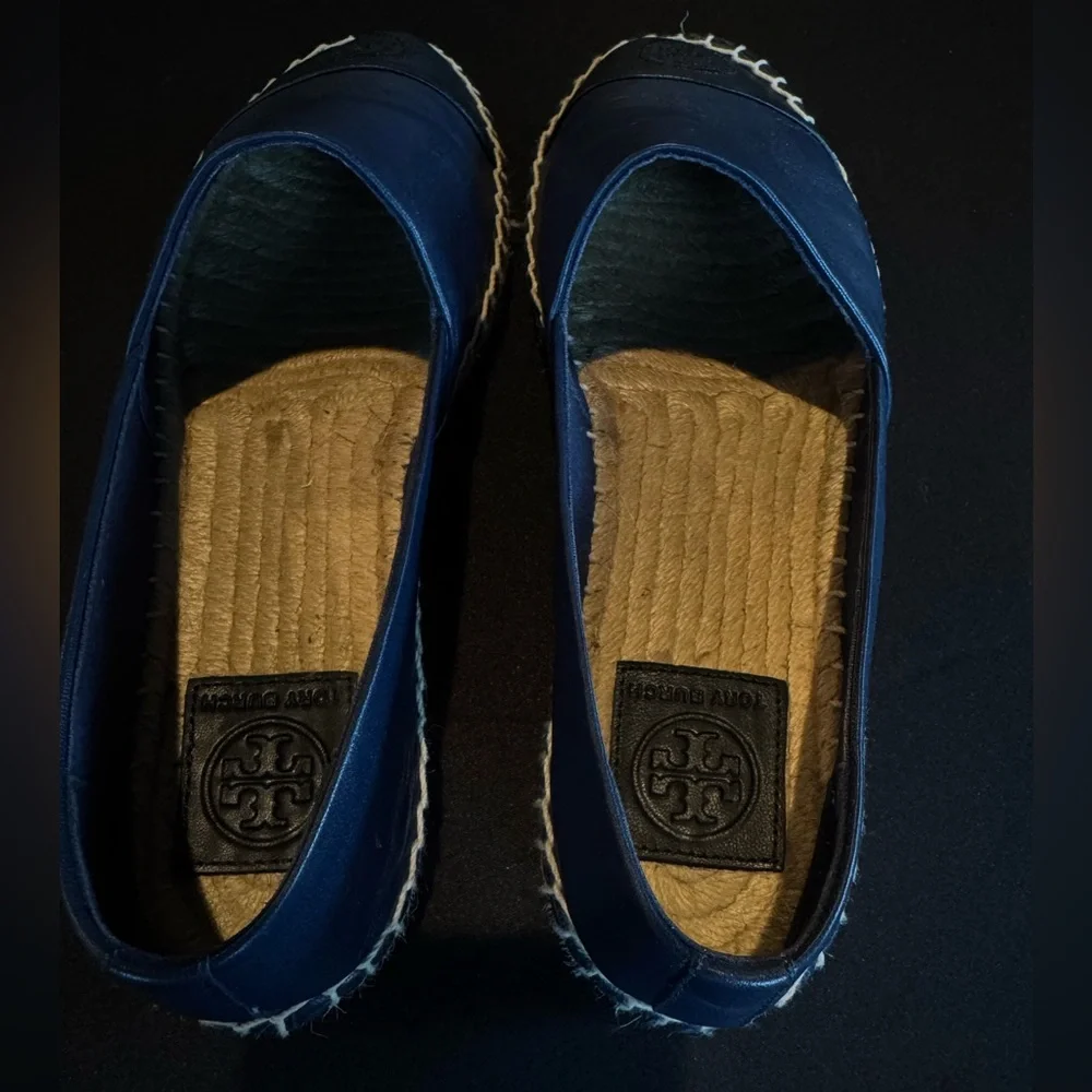Tory Burch Colorblock Espadrille Flats Leather Navy Black Cap Toe Size 8 - Picture 6 of 9